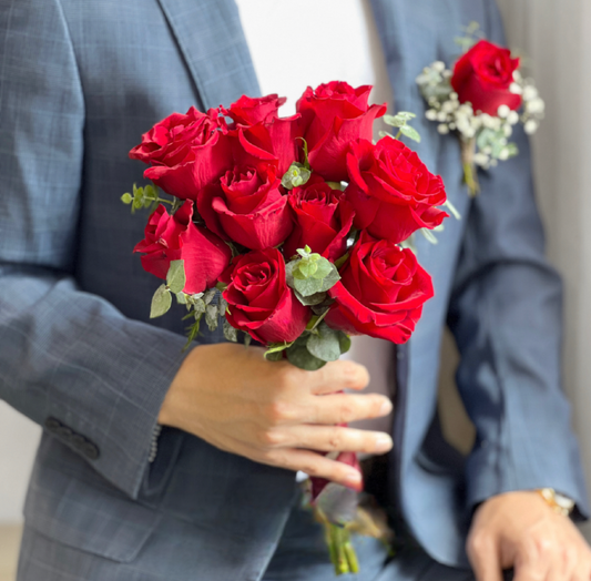 Red Roses Bridal Bouquet + Boutonniere