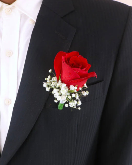 Red Roses with Baby Breath Boutonniere