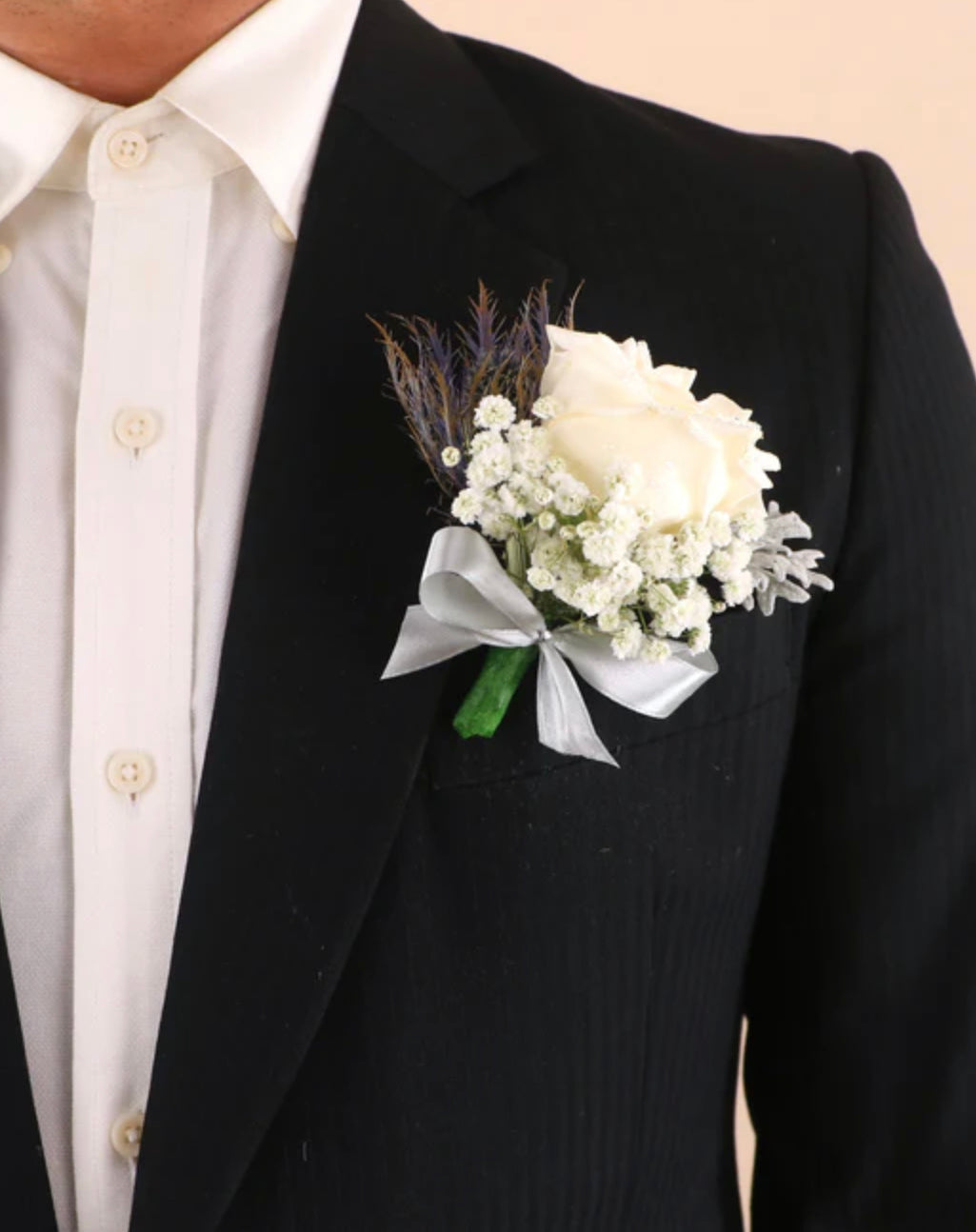 White Roses with Baby Breath Boutonniere